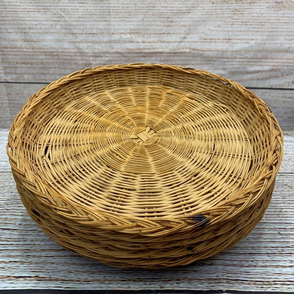 Set of 6 Woven Round Wicker‎ Serving Platters Picknick Plate Holders Natural